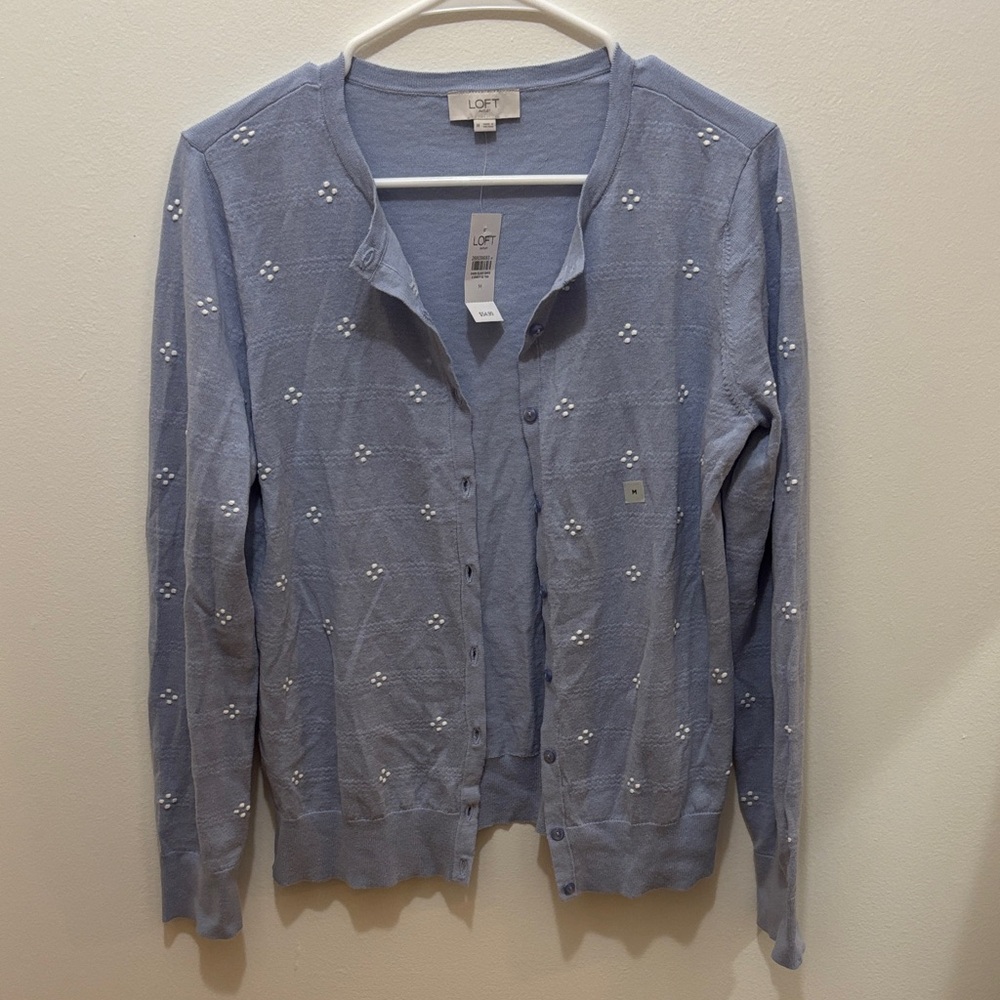 Ann Taylor LOFT Cotton Blue Periwinkle Stitched White Dot Cotton Cardigan Size M